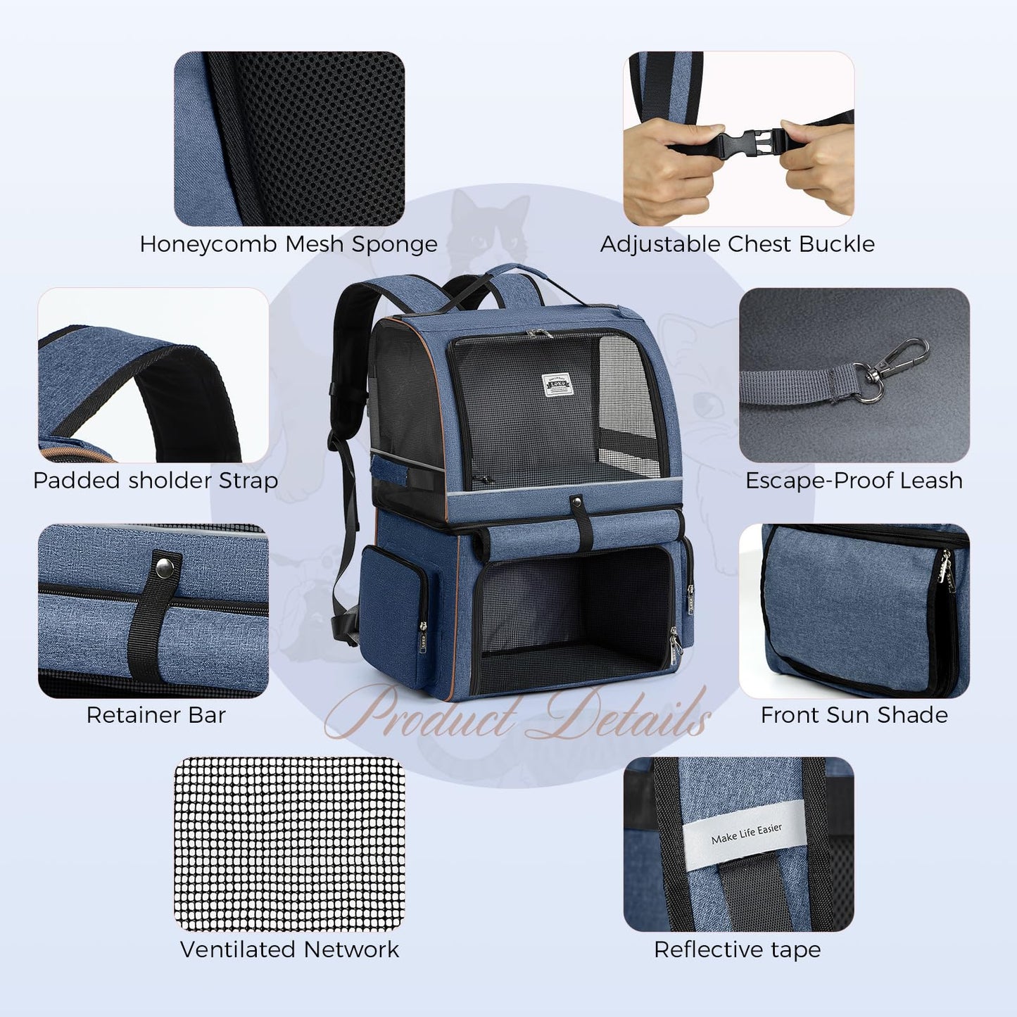 LekeSpring Double-Layered Cat Backpack for 2 Cats Large Cat Carrier Backpack Foldable Pet Backpack for Cats Dogs up to 11kg - Blue