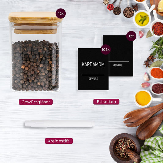 Happy Lemuro Spice Jars Square | 12-piece set | Glass storage containers 180 ml, 279 spice labels, pen, wooden lids. 6x6x8.5 cm, 12 spice containers | Jars for spice storage, spice storage