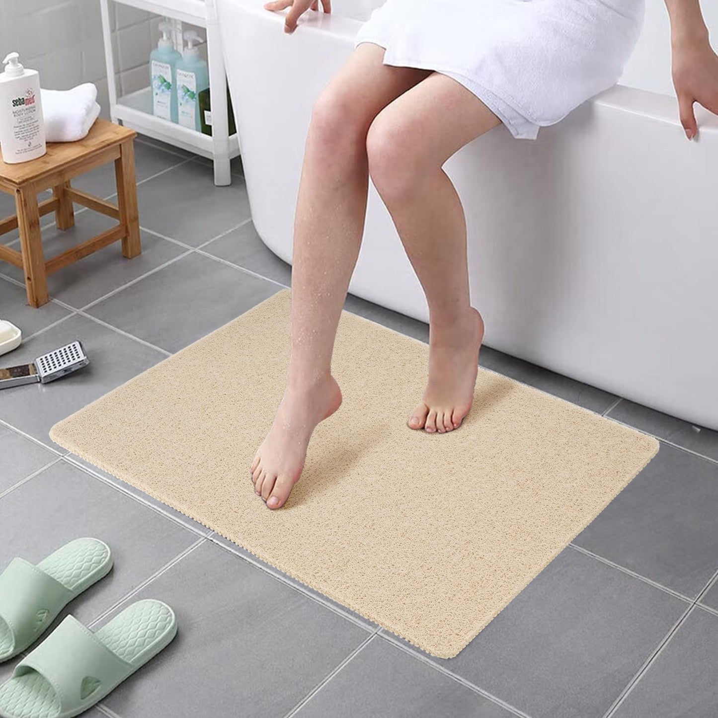HITSLAM Non-Slip Shower Mat, 80x60cm Non-Slip Bathtub Mat with Drainage, Soft PVC Loofah Anti-Slip Mat for Bathtub, Quick-Drying Bath Mat, Beige