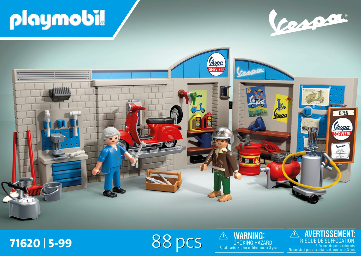 PLAYMOBIL Cars 71620 60s Vespa Garage, including movable lift, with various accessories for an authentic workshop, for vehicle enthusiasts of all ages.