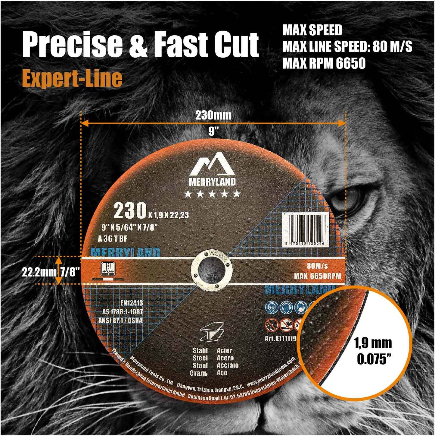 Merryland cutting disc 230 Metal Steel Stainless Steel for angle grinders, 230 X 1.9mm Thin Flex Disc Straight 25 pieces, Expert-Line E11111942