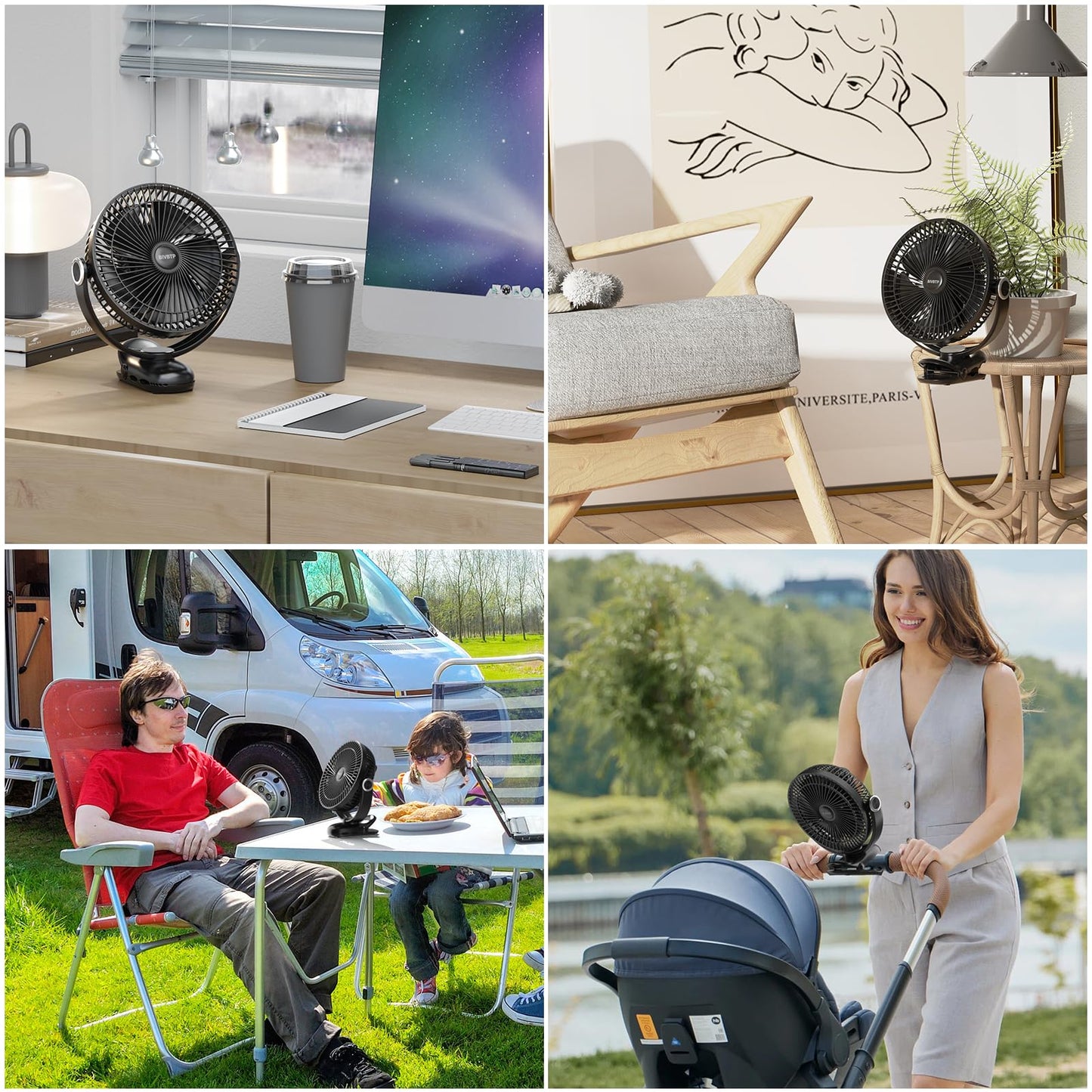 BIVBTP 20cm Portable Clip-On Fan, 12000mAh Battery Fan with Clip for strollers, 720 degree rotation, 4 speeds, USB desk fan for office, outdoor travel, camping (Black)