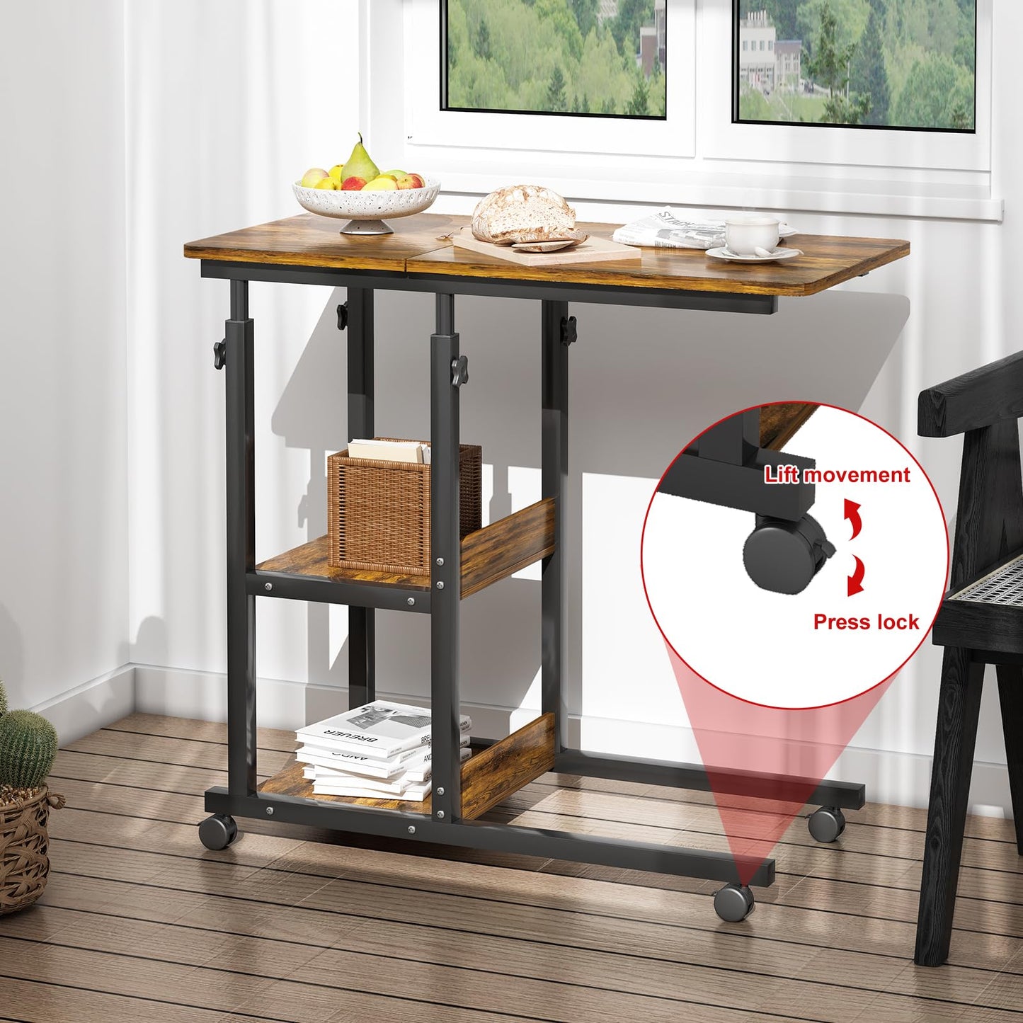 PIPIPOXER side table computer desk with socket and casters, height adjustable wooden desk with 80x40cm tabletop and 4 swivel 360° wheels for computer, laptop, bedroom.