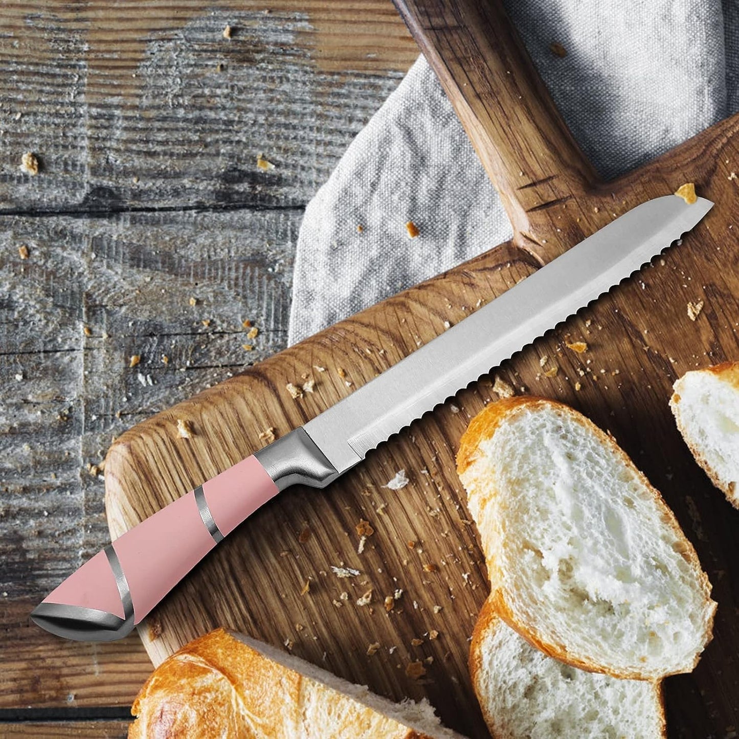 9-piece pink sharp non-stick coated chef knife block set, stainless steel knife set for kitchen with sharpener for slicing, cutting, dicing, chopping (pink)