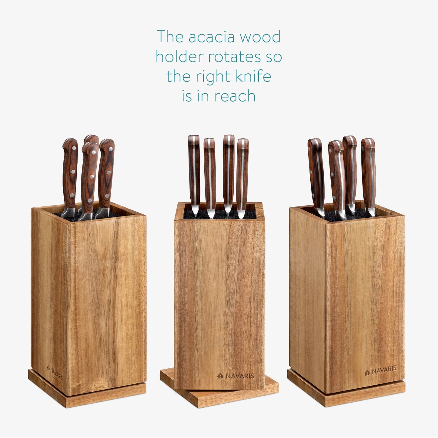 Navaris rotating magnetic knife block made of acacia wood with bristle insert - wooden knife block without knives for kitchen knives, chef's knives, and cooking utensils.