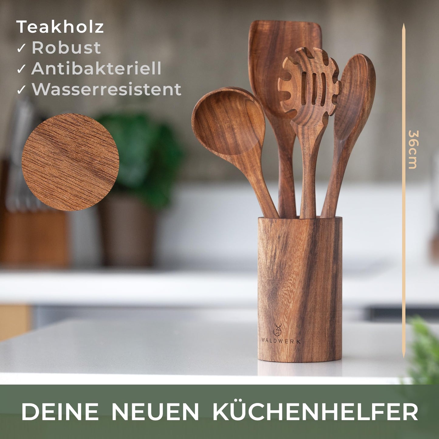 FORESTWORK kitchen utensil set made of teak wood - 4-piece cooking spoon set with spatula, wooden spoon, pasta server, and holder - wooden cooking spoons - wooden spatula - cooking utensil set