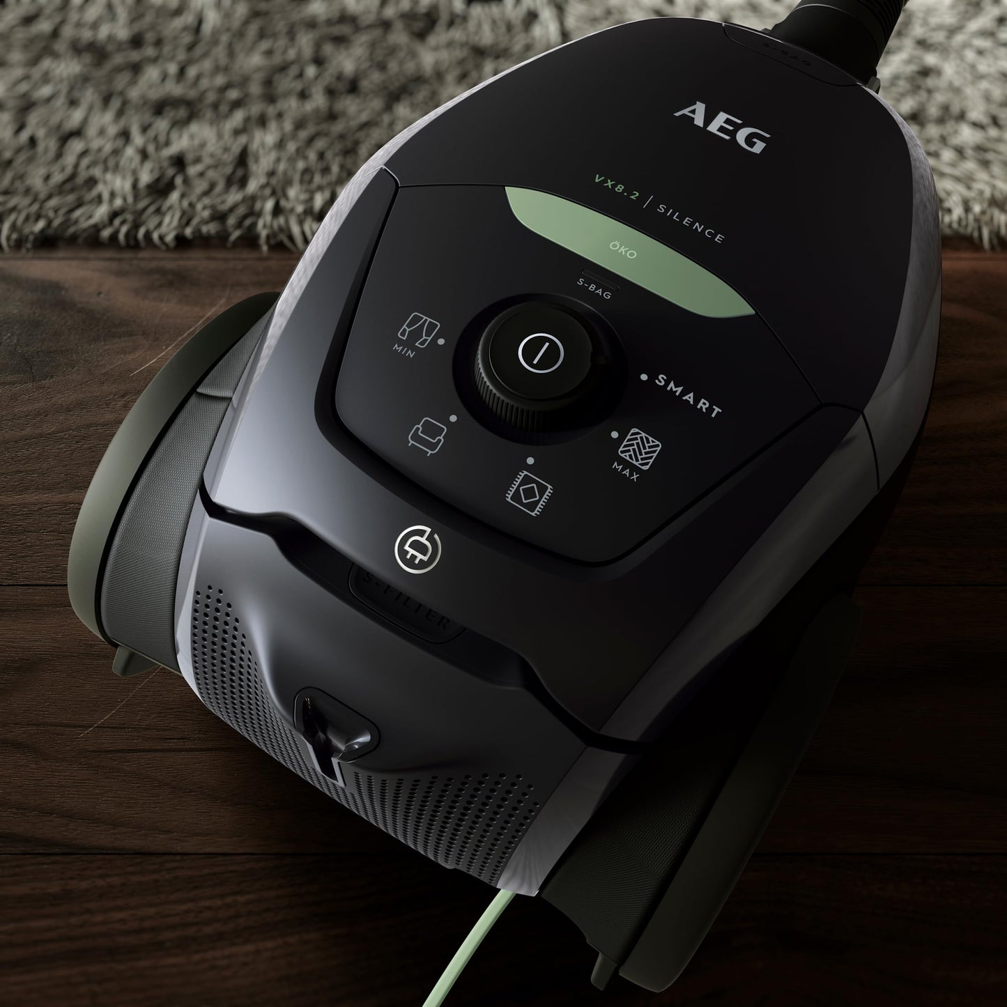 AEG vacuum cleaner with bag, 75% recycled material, automatic suction power control, extremely quiet even on carpet, captures large and small particles, long cord, 600W, black, VX82-1-ECO