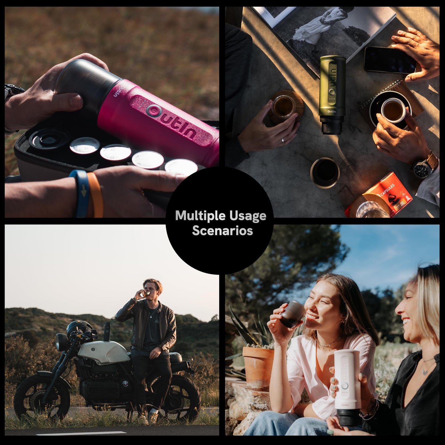 OutIn Nano Portable Espresso Machine with Battery, ideal for on-the-go or camping, coffee maker to go, with electric self-heating via USB-C, 2 in 1 for ground coffee and Nespresso capsules.