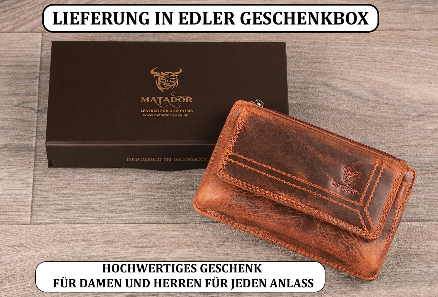 MATADOR 2in1 genuine leather phone case with zipper pocket in #Brisbane, comes with a luxurious gift box and RFID protection. Elegant belt phone case for smartphones up to 6.1 inches in vintage brown.