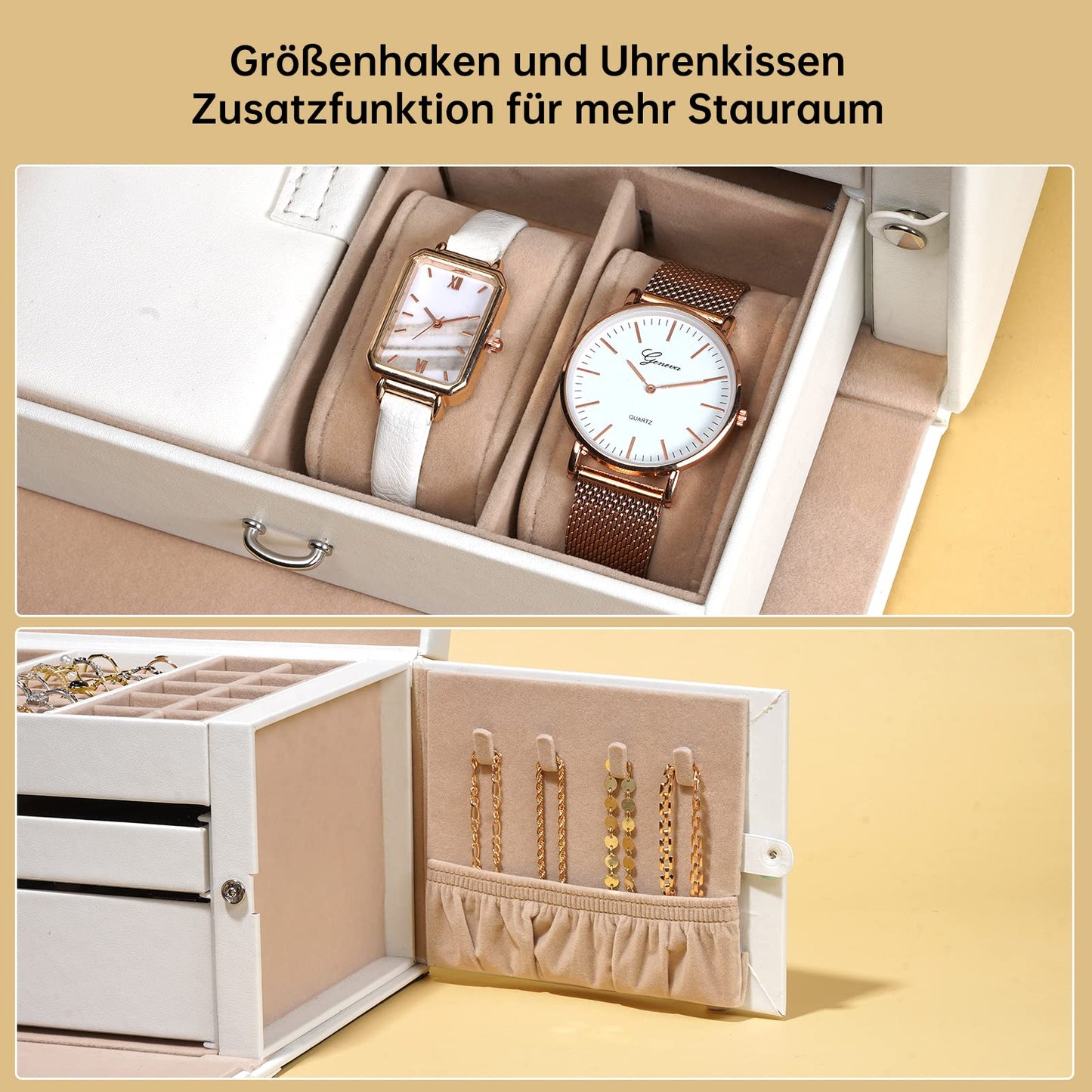 Three Croissants Jewelry Box, with transparent lid, jewelry box with 3 levels, jewelry organizer with 2 drawers, featuring a portable mini box for travel, storage, gift idea, white.