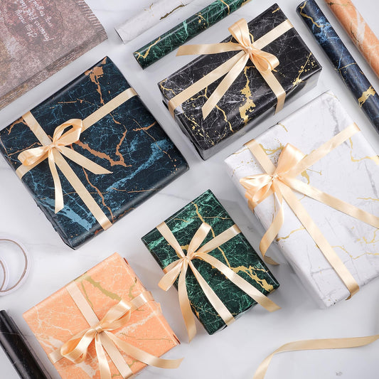 Woric 5-Roll Gift Wrap Set, 43cm x 3m Marble Gift Wrapping Paper Birthday Gift Wrap Roll with Gold Ribbon for Birthday Wedding Baby Shower (5 Designs)
