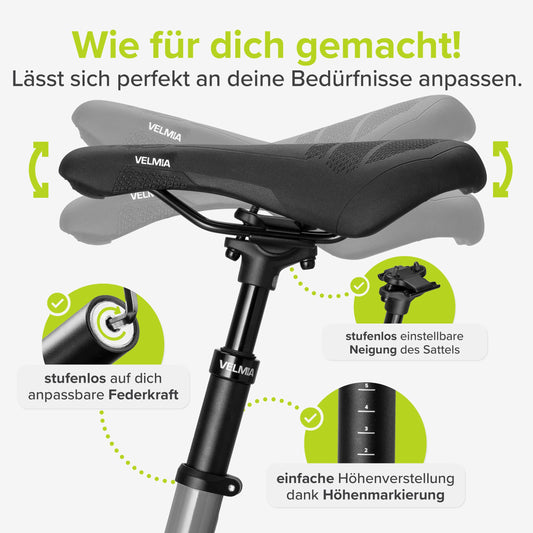 VELMIA Suspension Seatpost 27.2-31.6mm - Aluminum sprung seatpost - For all bike types - Relieves spinal strain, easy installation I Durable suspended seatpost.