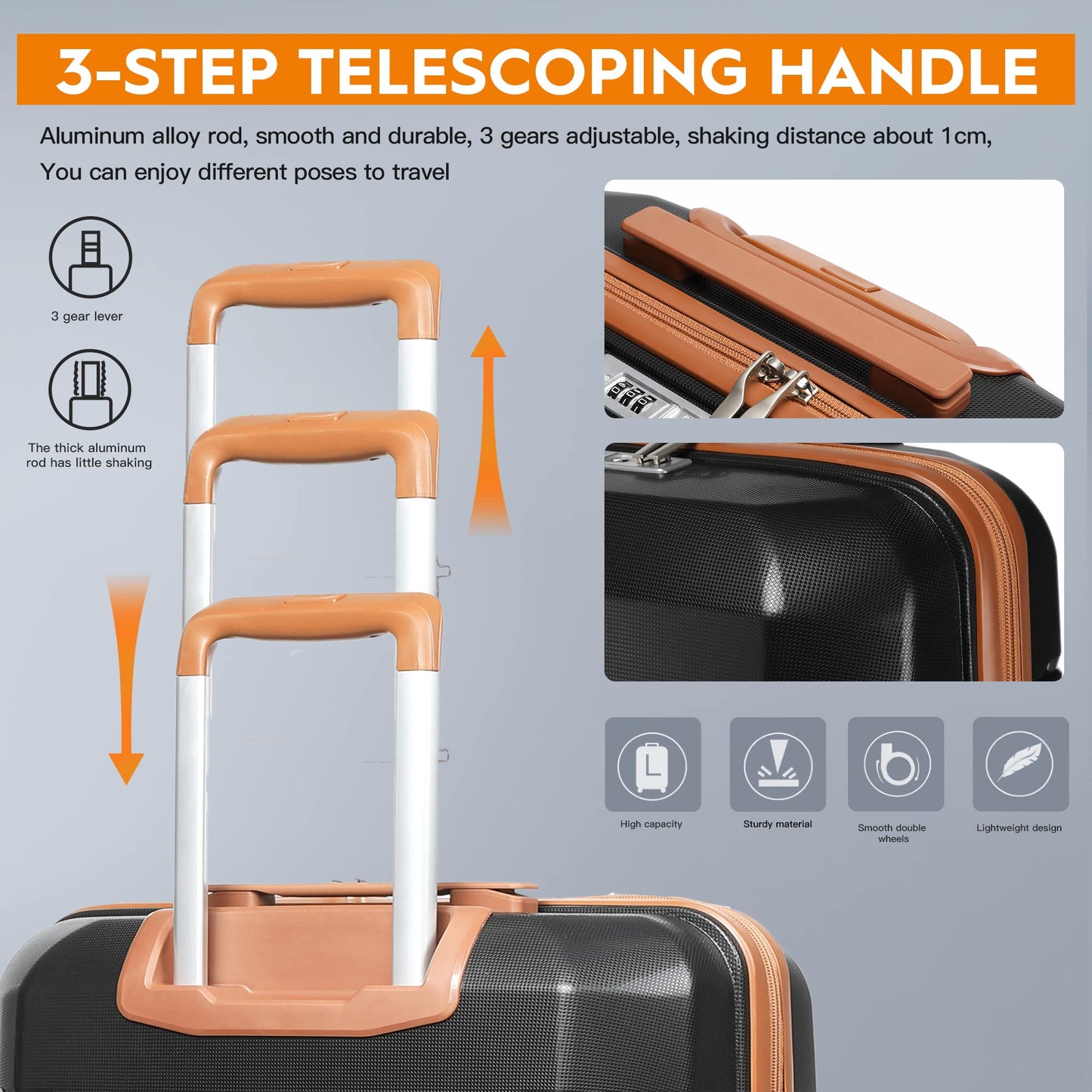 Joyway luggage set 3 pieces hard shell with 4 wheels and TSA lock. The luggage set includes 1 cosmetic case and 1 portable bag in black/brown.