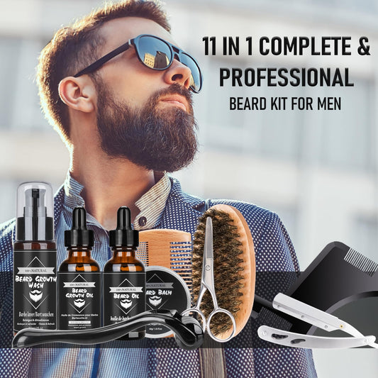 Upgraded beard care set for men, 11 in 1 beard growth kit includes beard shampoo, beard oil, beard balm, beard comb, beard scissors, etc. Gift set for men for Christmas, Valentine's Day, Father's Day.