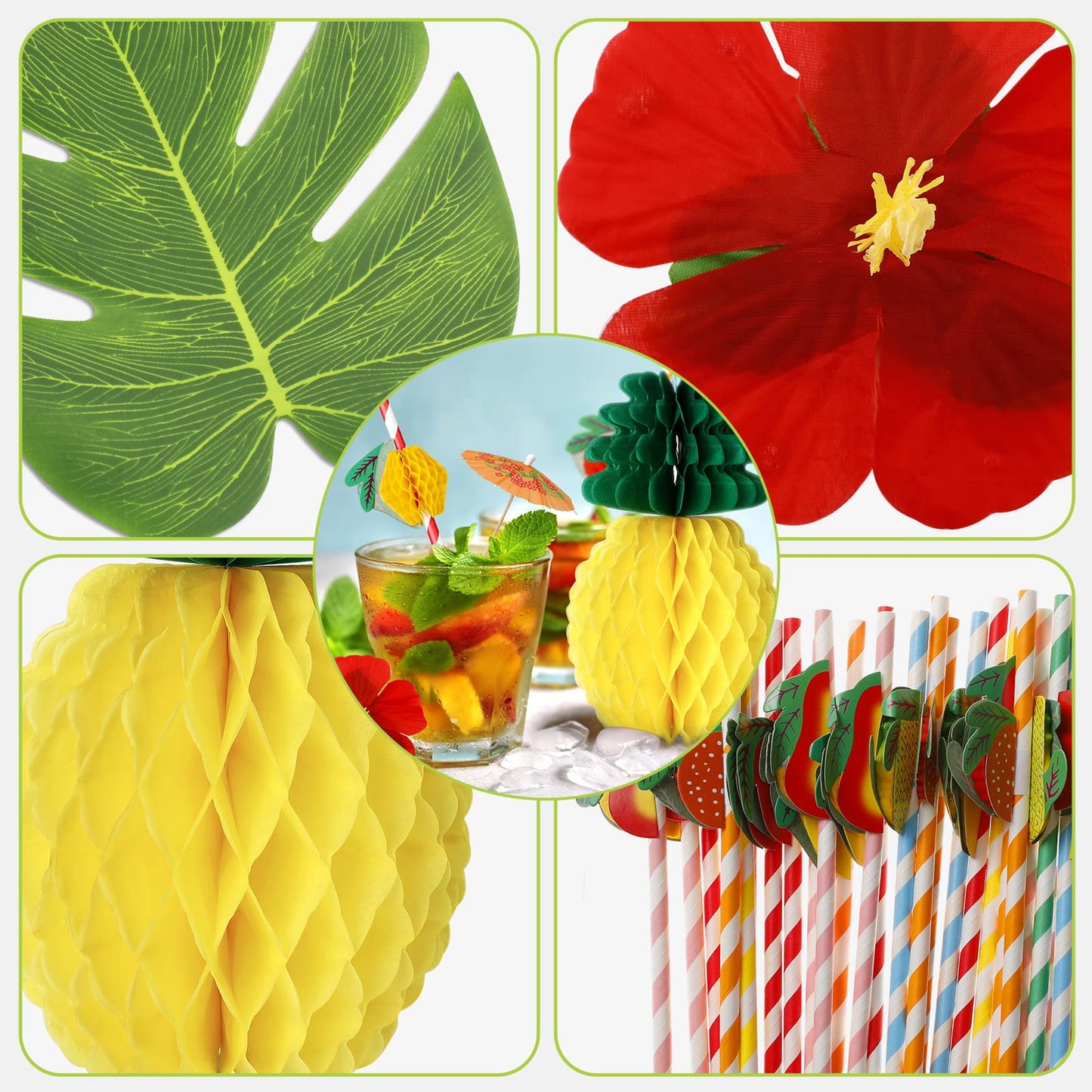 URBZUE Hawaii Party Decoration Set, 97PCS Tropical Party Decoration Set, Hawaii Luau Table Skirts, Garlands, Palm Leaves, Pineapple Flamingo Umbrella Fruit Straw Combination for BBQ, Garden Summer