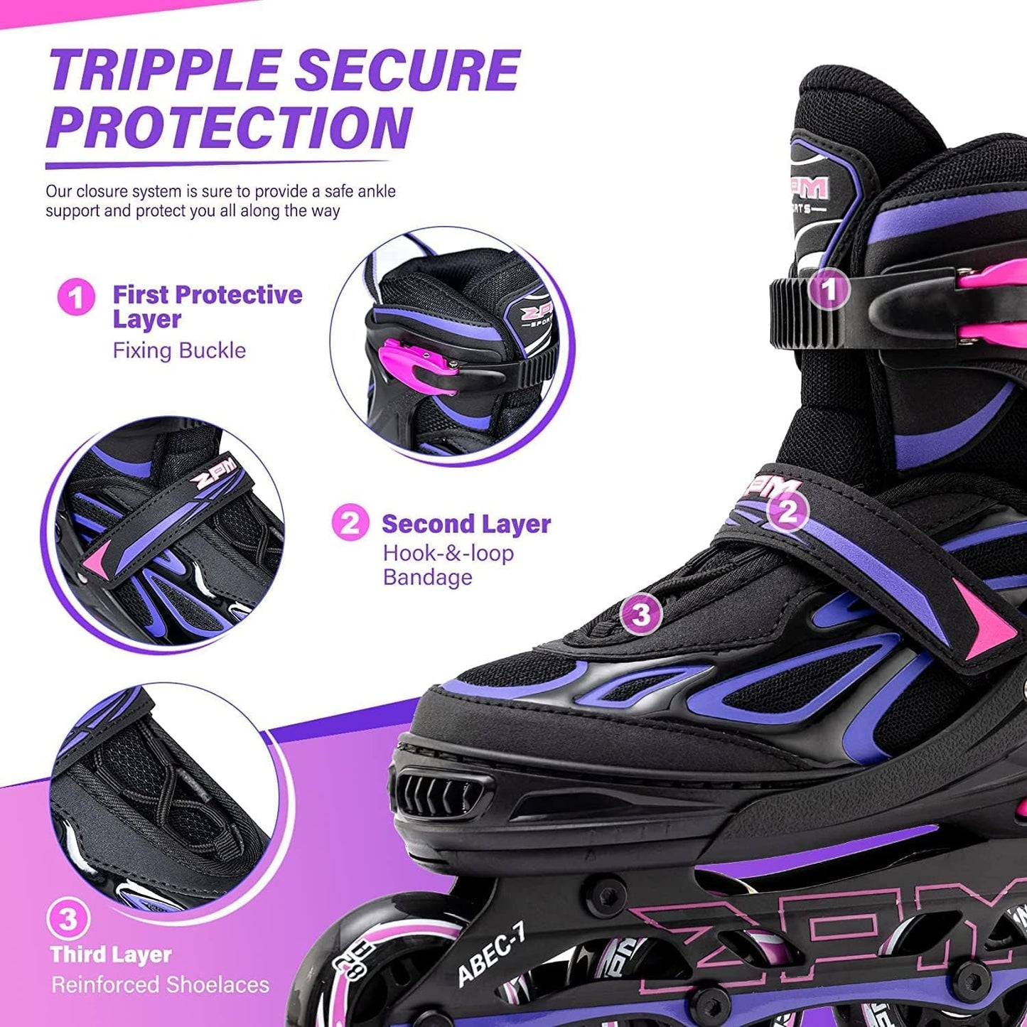 2PM SPORTS Adjustable Inline Skates for Kids Girls Boys, Inline Skates Rollerblades for Women Men Size 30-33 34-37 38-41 42-44 (Purple XL)