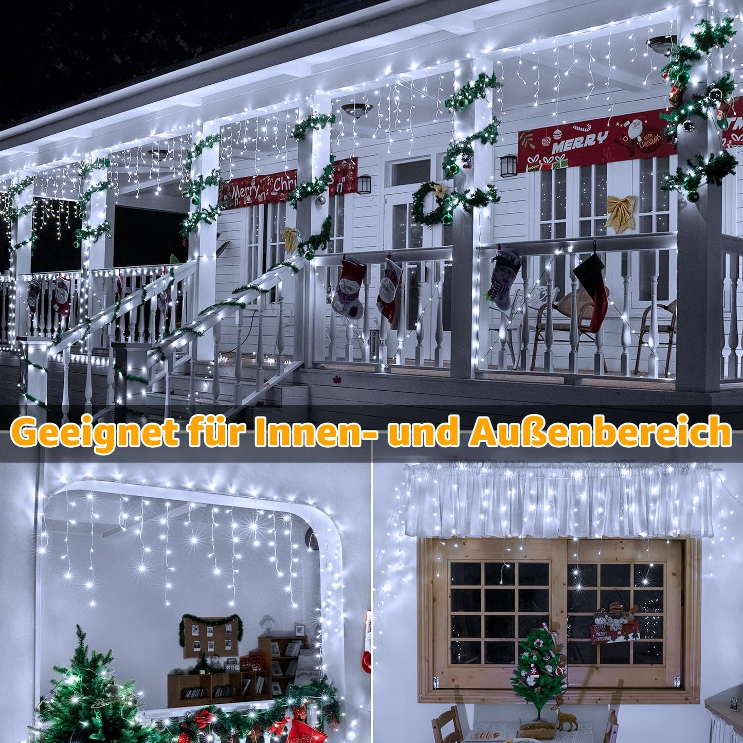 Ollny 49ft Outdoor Icicle Lights, 600 LED white Outdoor String Lights with Remote, 8 Lighting Modes Waterproof Christmas Lights for Balcony Window House Pavilion Patio Christmas Decor