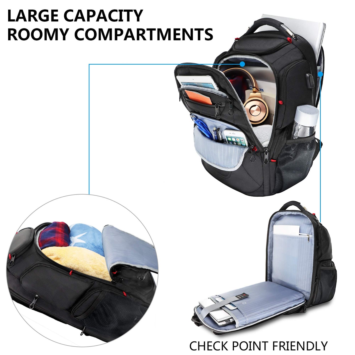 KROSER Laptop Backpack 17.3 Inch Business Travel Backpack Carry-On Waterproof with Hard Shell Security Compartment Charging Port RFID Pocket for Men/Women/College/School - Black MEHRWEG