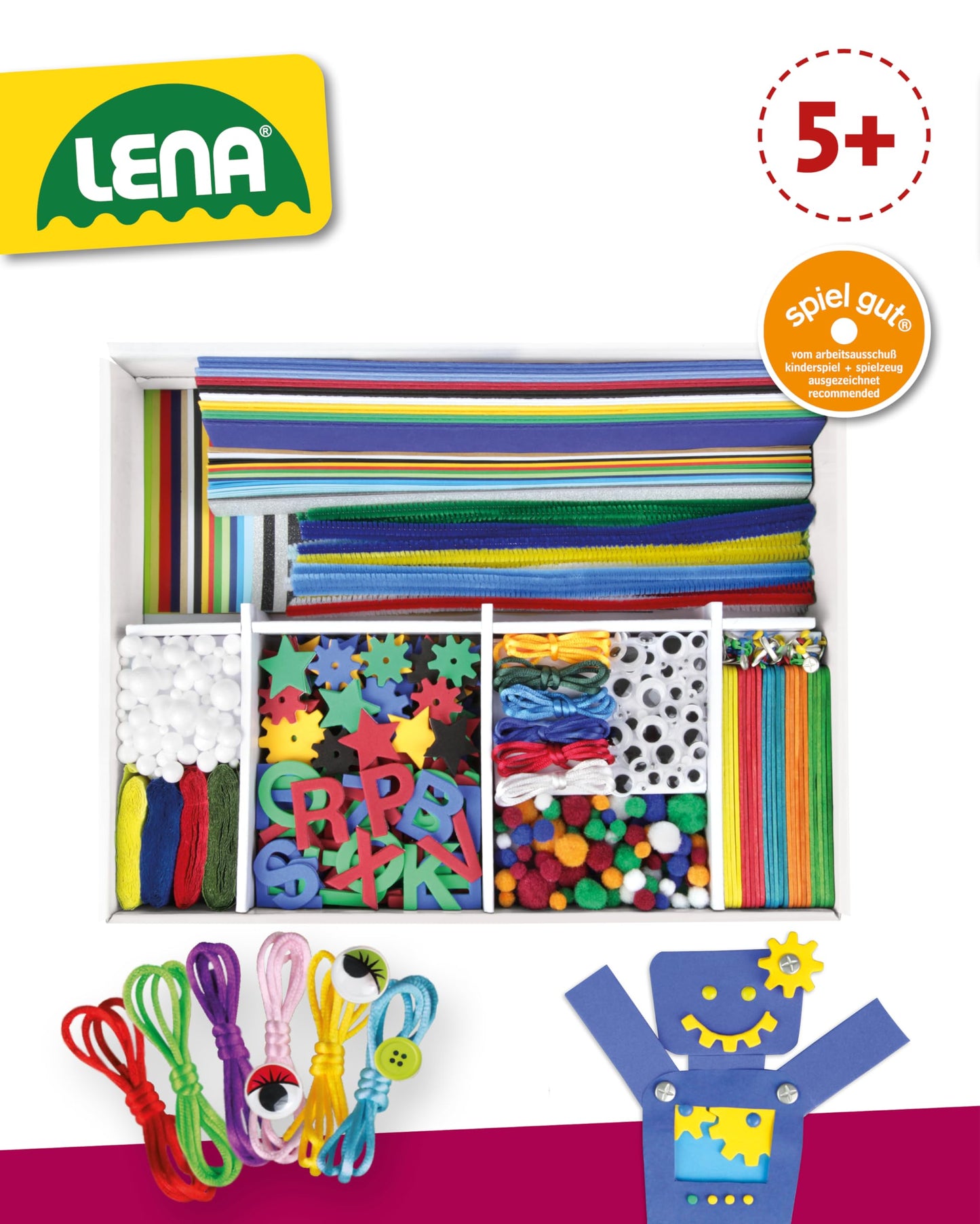 Lena 42665 - Jumbo craft kit with 800 pieces in bold colors, crafting materials like foam, colored paper, pom poms, ribbons, googly eyes, wooden sticks, and more. For ages 5 and up, in blue.