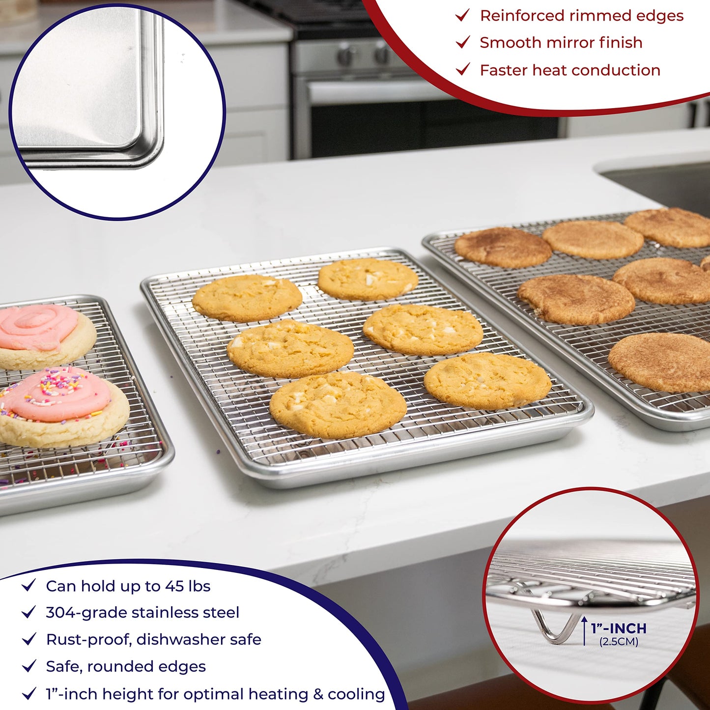 KITCHENATICS Half Sheet Pan with Rack Set, Oven Baking Tray, Aluminum Pan with Rim, Wire Cooling Rack for Cooking and Roasting, Half Baking Sheet with Baking Rack - 33.3 x 45.5 cm