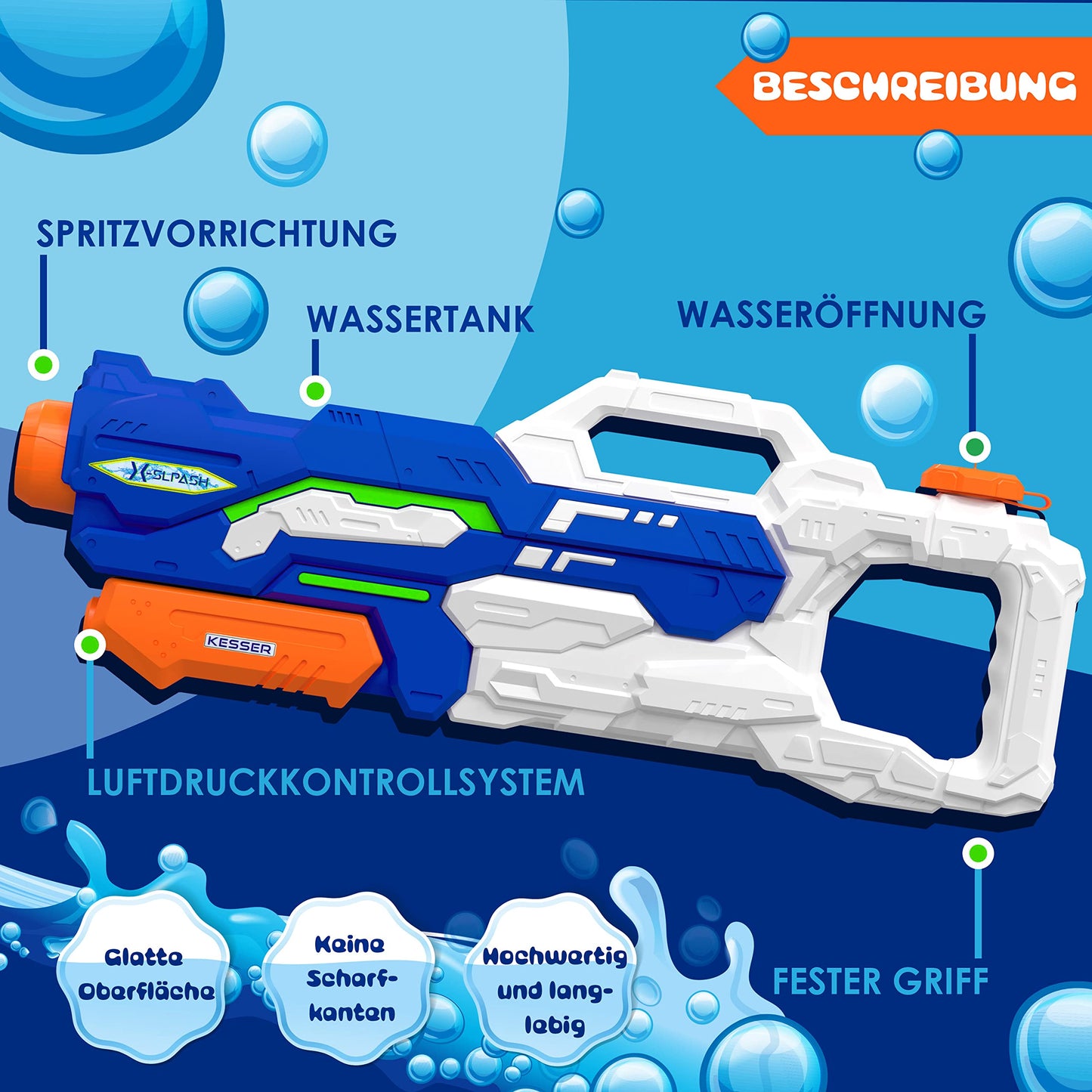 KESSER® Water Gun 2 Pack Water Pistols Squirt Guns Range 10-11 Meters, Capacity 1500ml Water Fun Beach Outdoor Toy for Kids and Adults Beach Pool, Blue/White
