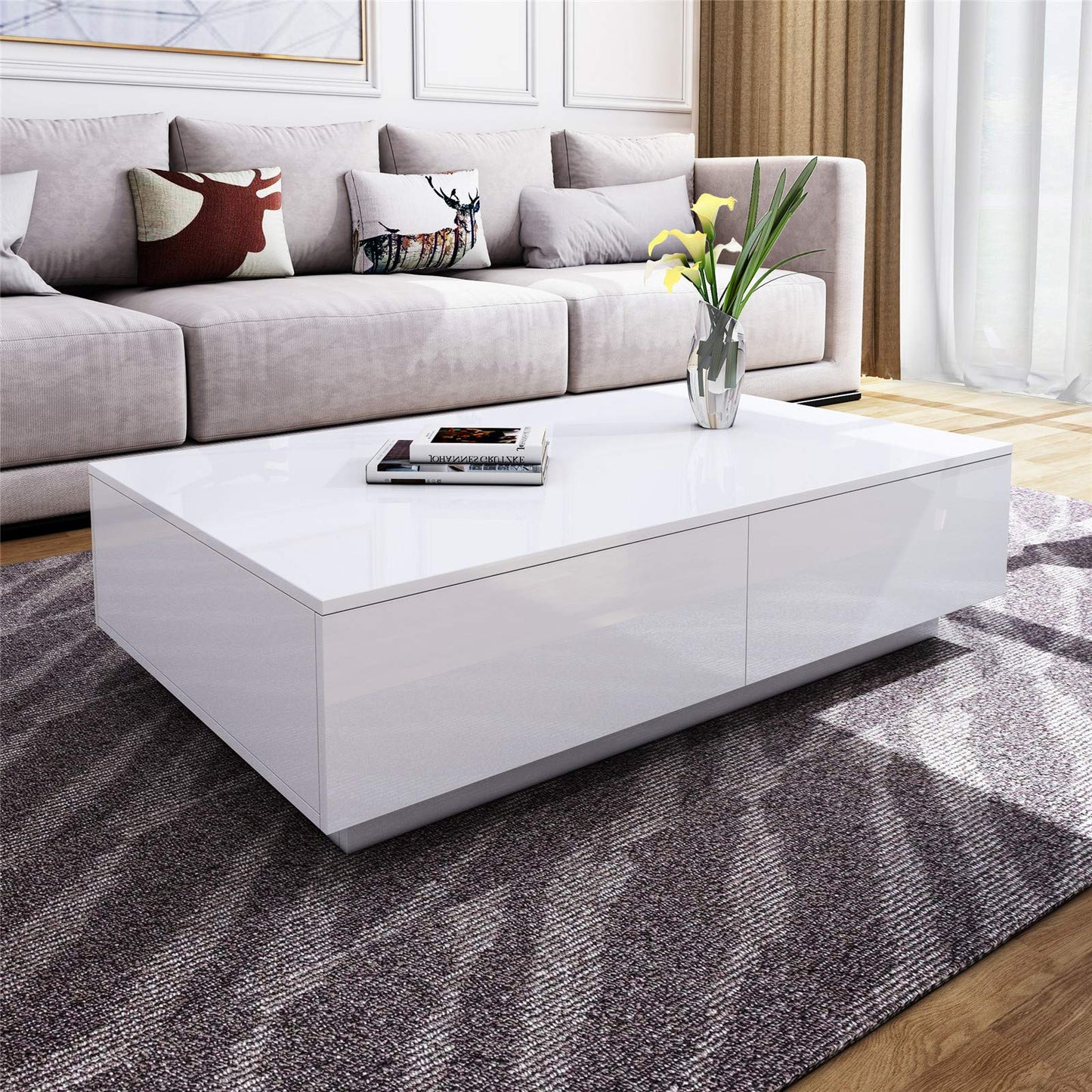 White high gloss coffee table with storage - Modern rectangular table with 4 drawers for living room & home office, high gloss finish & storage organizer 95x60x31 cm