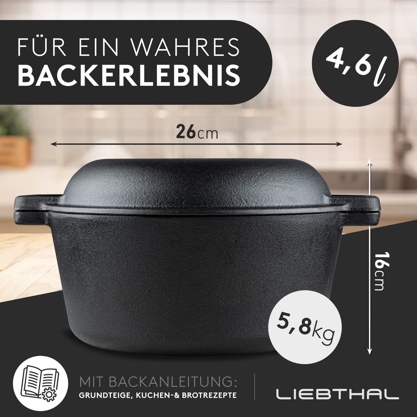 LIEBTHAL Cast Iron Pot Bread Baking - Durable bread pot with precise non-stick silicone insert - Pre-seasoned bread loaf pan with lid 4.6 L - Bread baking pot, roasting & stewing.