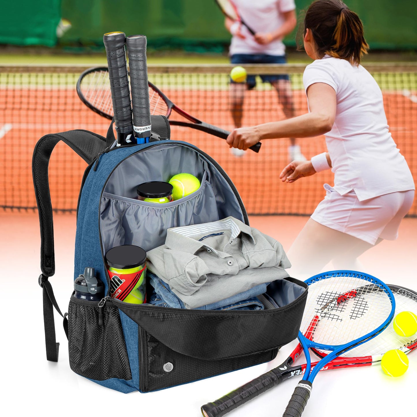 DSLEAF Tennis backpack with shoe compartment, tennis bag for 2 rackets with padded shoulder straps and separate ventilated shoe compartment for women and men