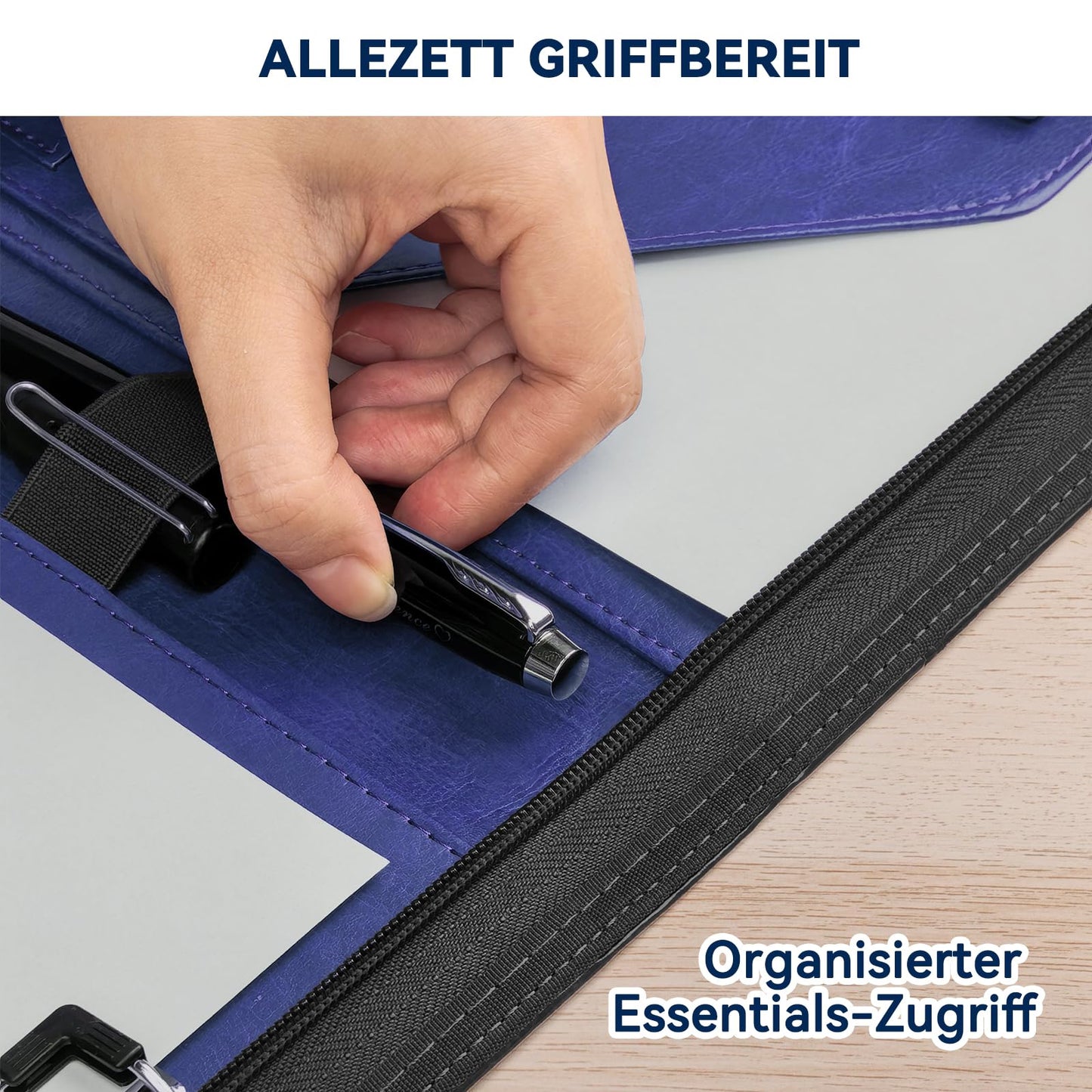NEWYES A4 document folder, water-resistant with zipper & clipboard, faux leather portfolio perfect for business trips, teachers as a gift, or office use - Dark Blue.