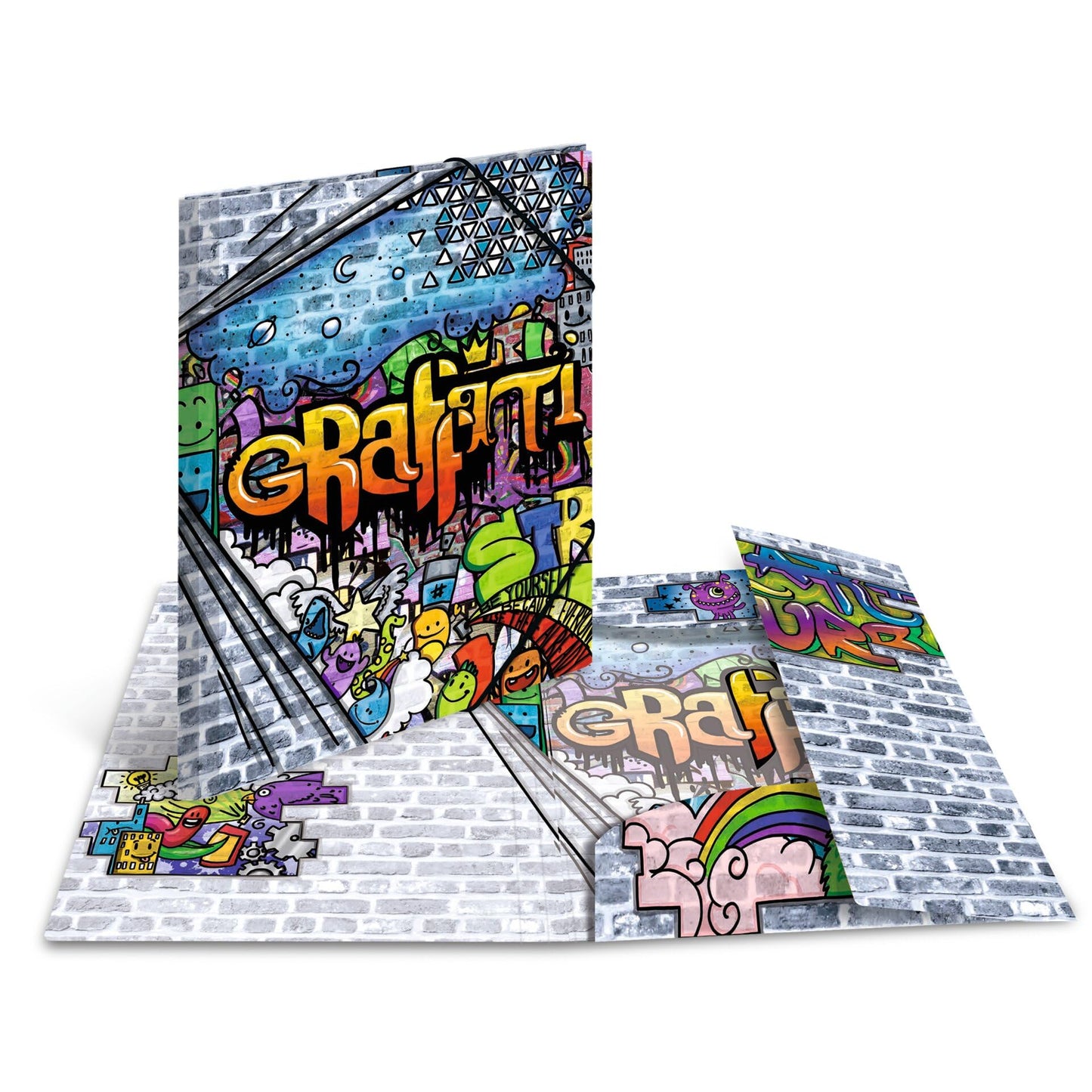 HERMA Collecting Folders A3 Graffiti Set, 3 pieces, Children's corner clip folders made of plastic with art motif, elastic closure, inner flaps, and inner print for boys and girls.