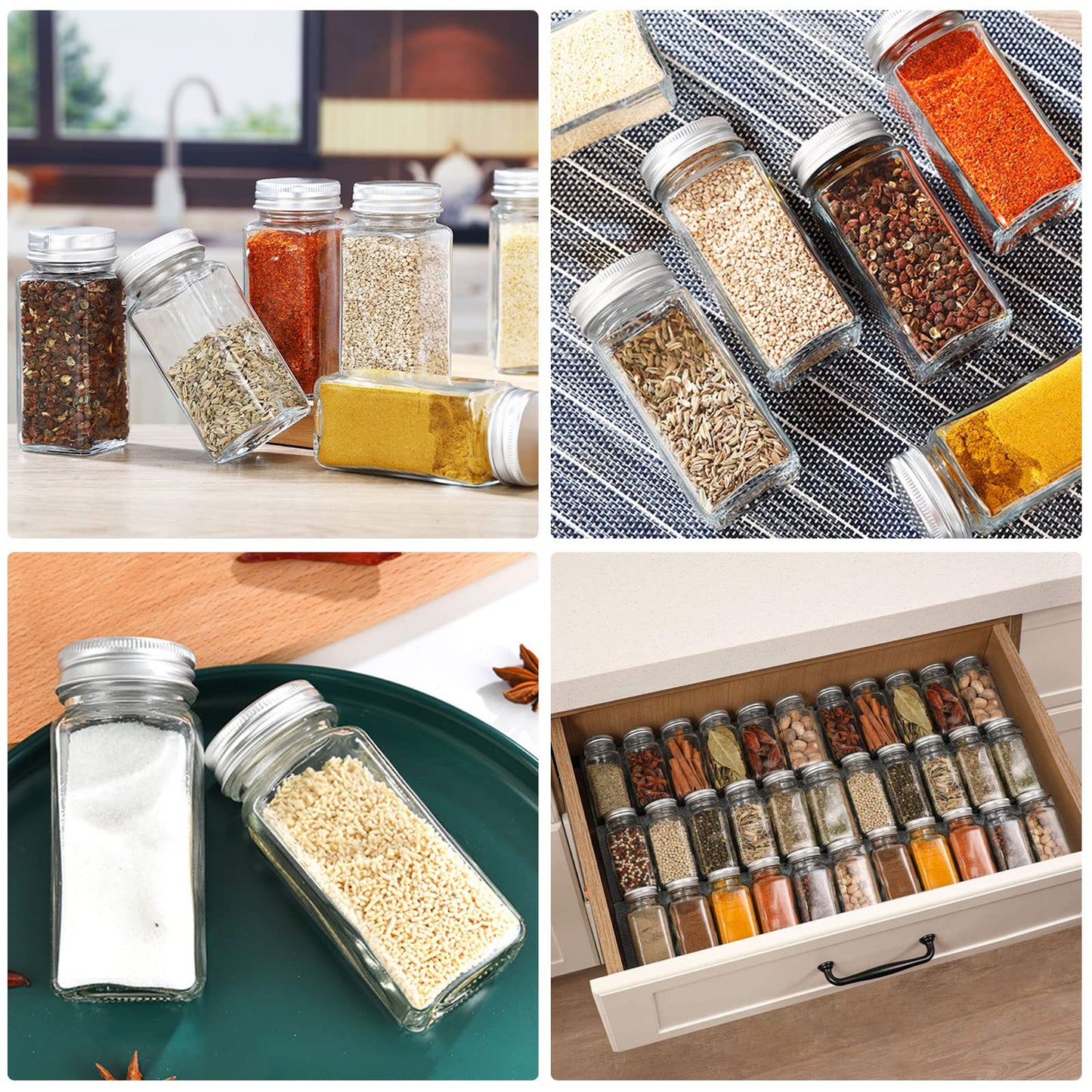 JOYBOY Spice Jars Square, 24pcs Spice Jars Set, Spice Containers with Lid Spice Shakers Glass with Labels, Shaker Insert, Spice Jars Funnel, Brush, Spice Jars Set for Storing Spices