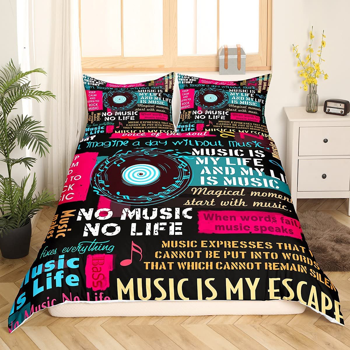 Single bed with duvet cover and 1 pillowcase, musical notes, for kids and adults, music disc, classic, 2-piece