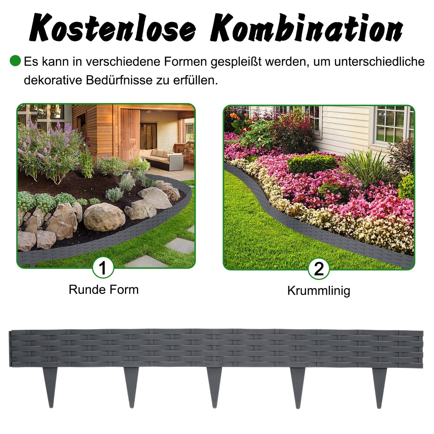 5m Rattan lawn edging plastic with 5 elements of 100 cm each. Rattan-look design, flexible for garden borders. Bendable edging for lawns, flower beds in anthracite color.