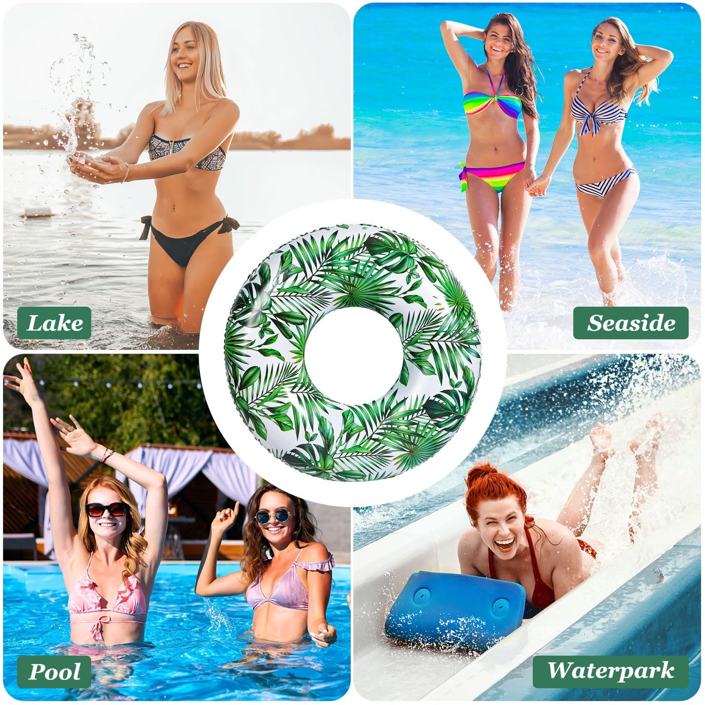 MoKo Adult Swim Rings, Inflatable Swimming Ring Water Game Ring, Large 107 cm Swim Ring Air Mattress Pool Toy Water Toy for Beach Pool Outdoor Summer, White & Green Leaf
