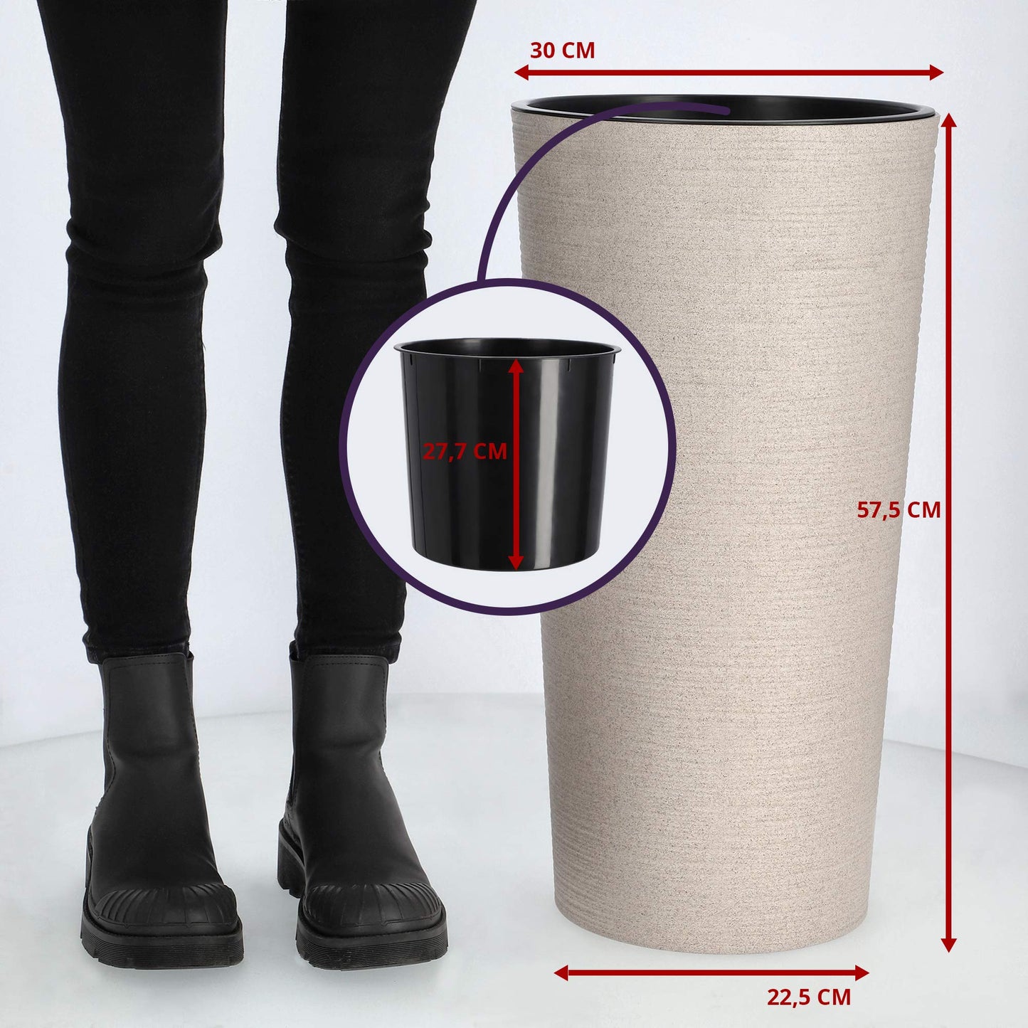 KADAX Plant Pot with Inner Pot Cream Ø 30 cm, Height 57.5 cm - Modern plant pot with insert, made of durable plastic for indoor and outdoor use, ideal for living room, balcony, office.