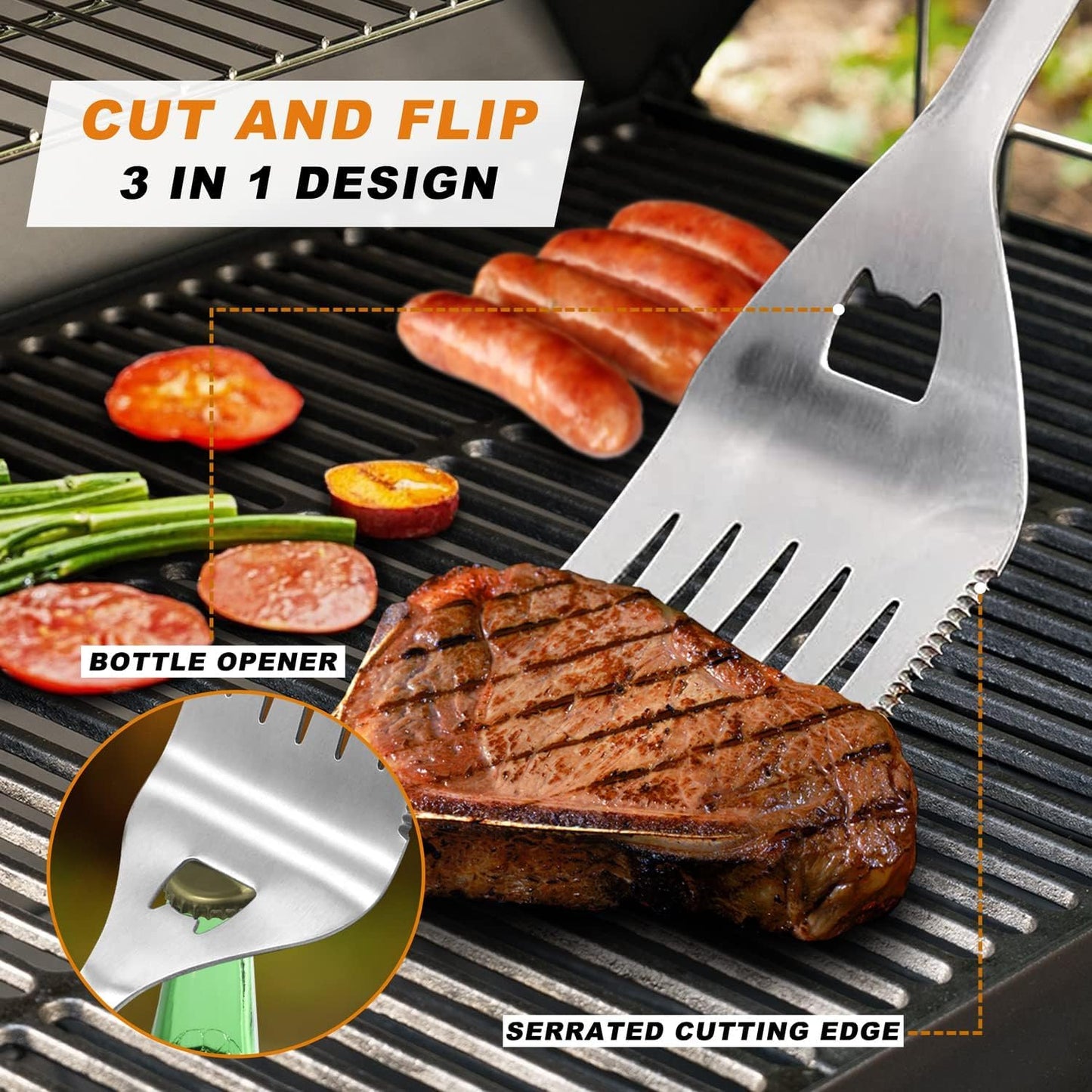 POLIGO 5-piece Grill Tools Set - Premium extra thick, stainless steel BBQ accessories - portable grill kit - perfect for birthdays, for men and women.