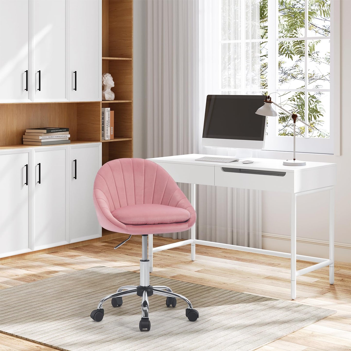 WOLTU home office chair, ergonomic office chair, swivel vanity chair, swivel chair with casters, desk chair with 150 kg weight capacity, for study bedroom, velvet, pink, BS167rs