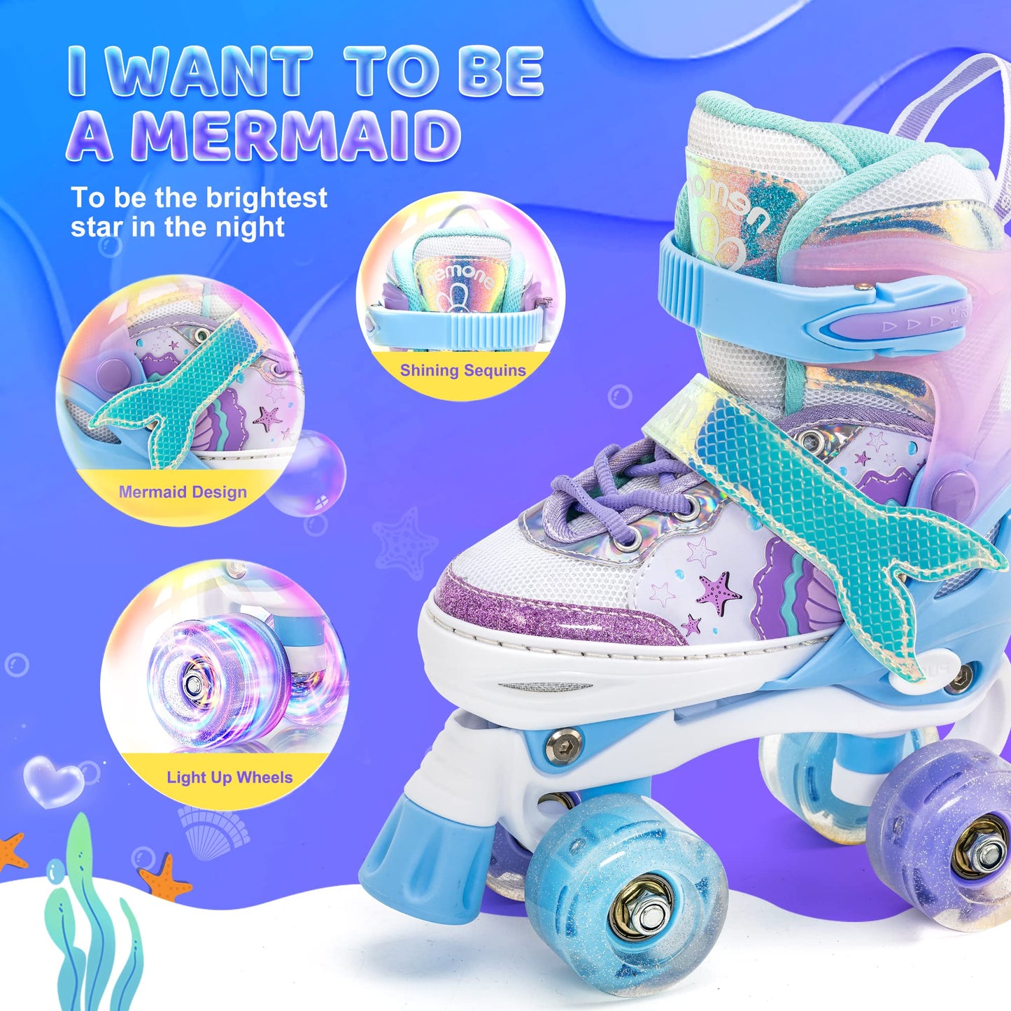 NEMONE roller skates for girls children 4 sizes adjustable blue purple roller skates for kids indoors outdoors girls children