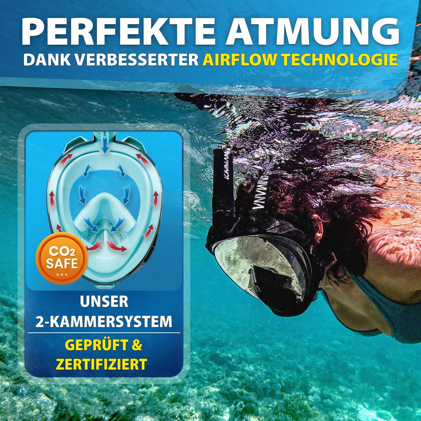 The award-winning KAIMANA® snorkel mask for adults & kids - completely CO2 safe - includes carry bag - adult diving mask - full face diving mask