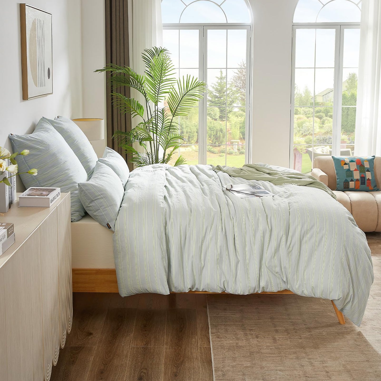 SOULFUL bedding set 135x200 made of striped cotton, 100% washed cotton, light green color, ÖKOTEX certified. Includes 1 duvet cover 135x200 and 1 pillowcase 80x80.