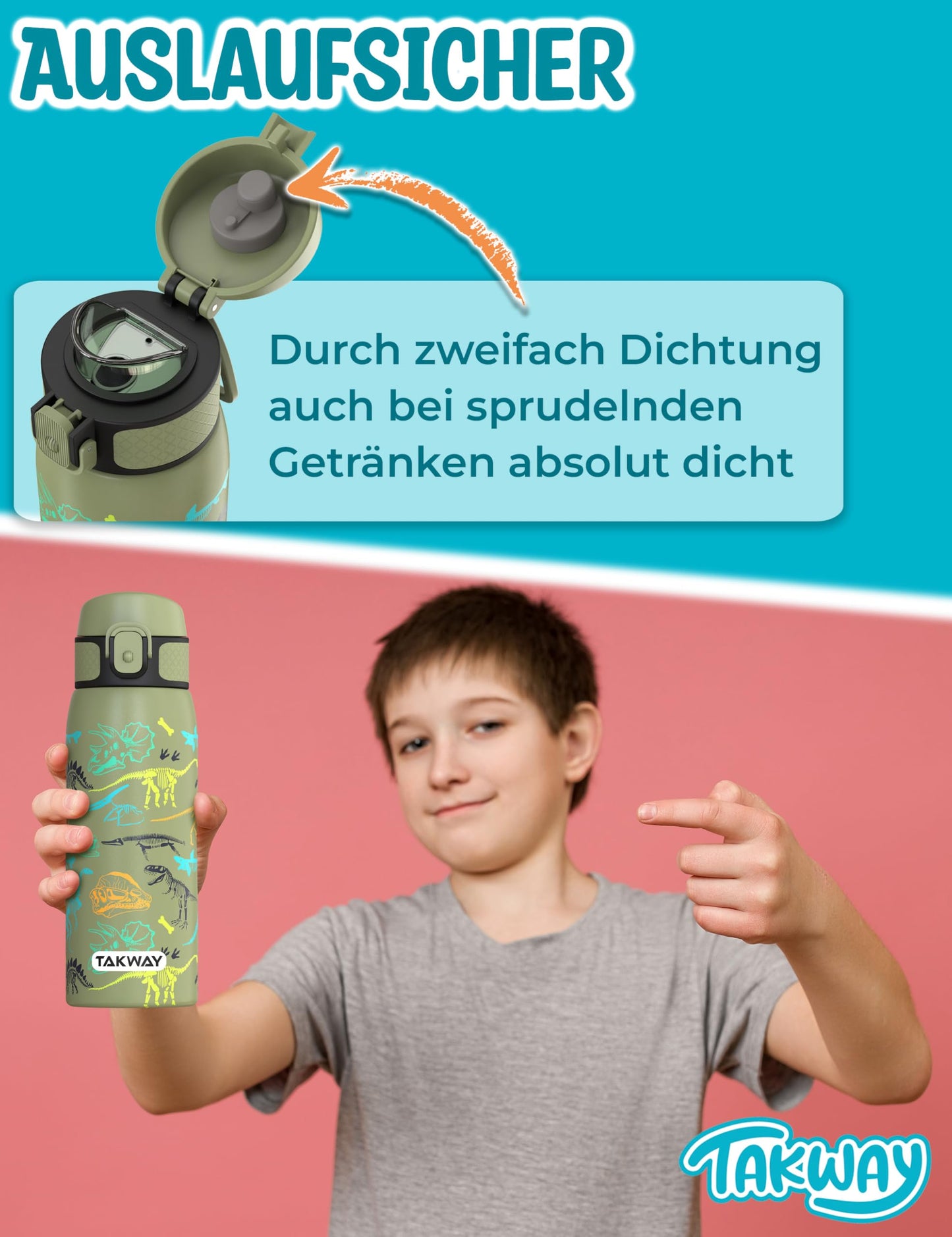 TAKWAY stainless steel water bottle for kids 550ml - Leak-proof, insulated and suitable for carbonated drinks - Ideal for school, sports (Monster)