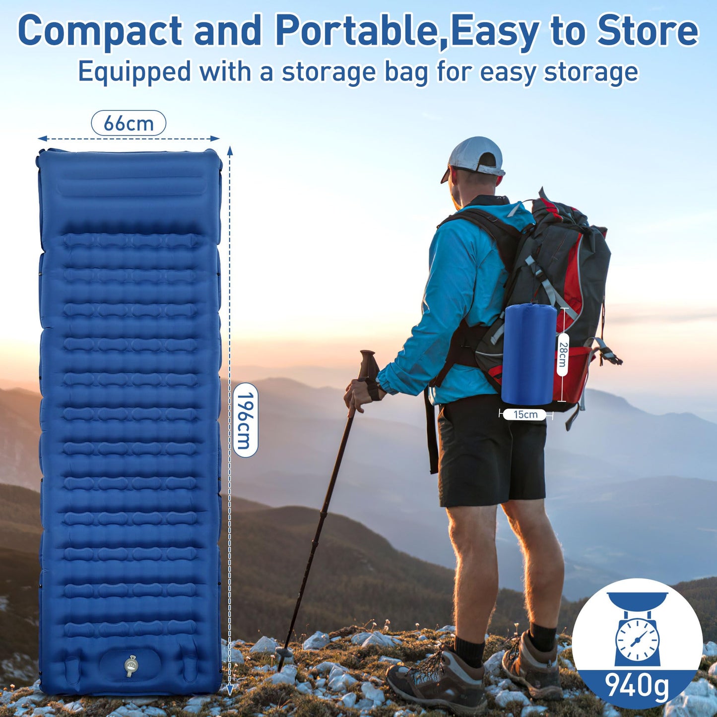 Self-inflating sleeping pad, 12CM Ultralight Inflatable Air Mattress with Camping Pillow, Portable Compact Camping Mat for Camping, Hiking, Backpacking, and Trekking (Navy Blue)