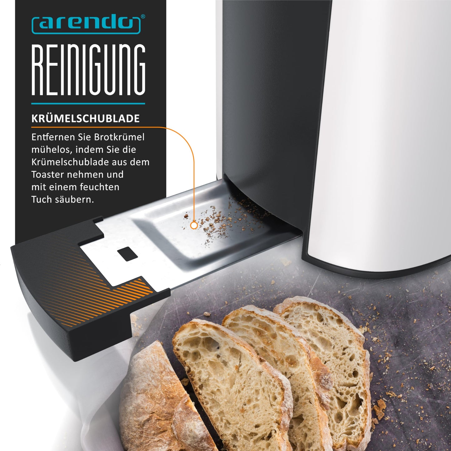 Arendo - Long Slot 2-Slice Toaster - Defrost Function - 1000W - Double-wall housing - Integrated bun warmer - Browning levels 1-6 - Display with remaining time indication - Stainless Steel white