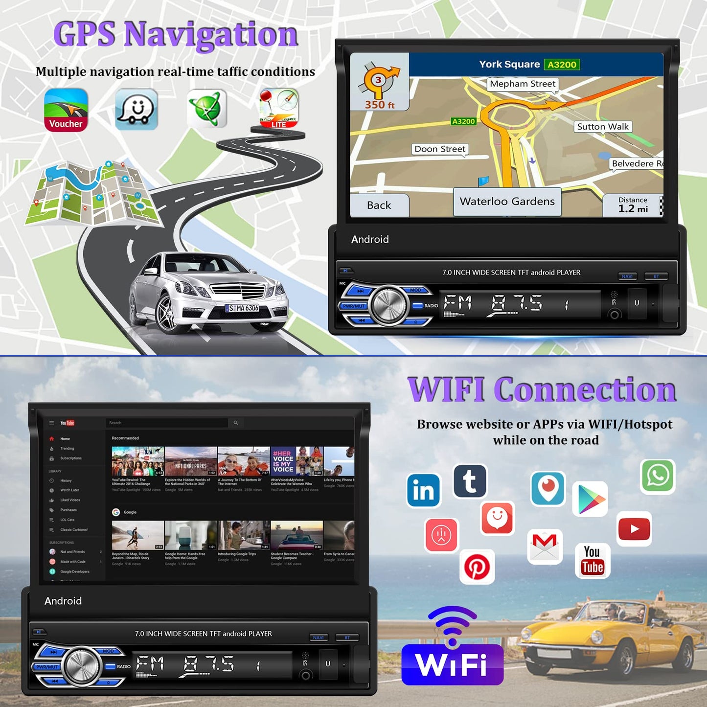 CAMECHO DAB+ Android car stereo 1 Din with navigation, 7 inch retractable screen with Bluetooth hands-free calling Mirror-Link AUX-in FM USB+backup camera & microphone