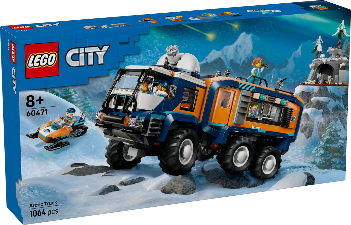 LEGO City Arctic Truck with Lab - build and play set - exploration vehicle with steering and suspension - includes snowmobile, 5 mini-figures, and 3 wolf figures - gift for boys 8 years and older - 60471