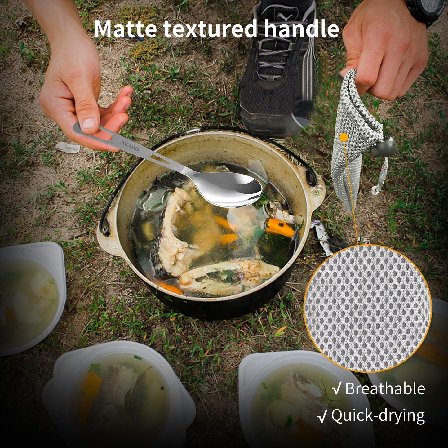 OUTXE Titanium camping utensil set 3-piece polished titanium spoon-fork-knife combo and neoprene case, lunchbox cutlery set and travel utensil.