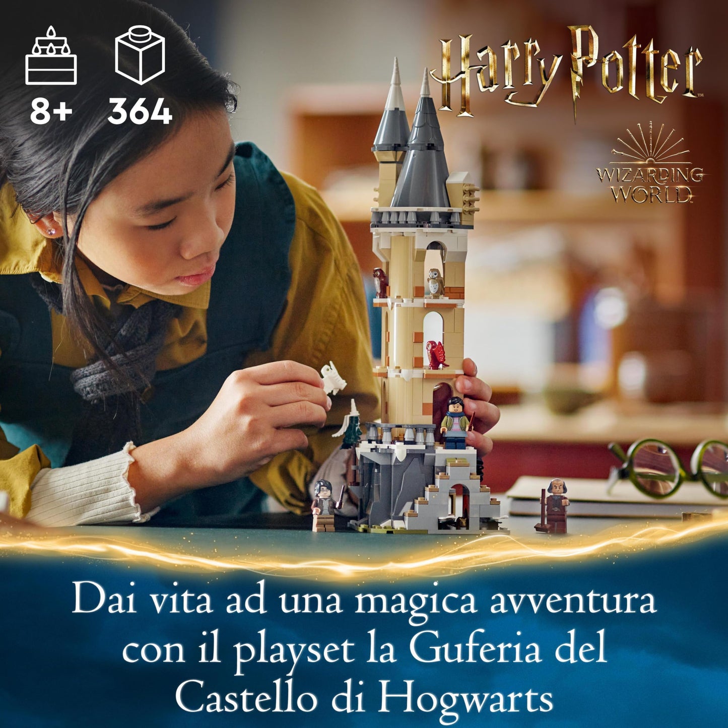 LEGO Harry Potter Owlery at Hogwarts Castle, adventure set with toy animals and 3 mini-figures & Harry Potter Flying Ford Anglia, buildable toy car for kids.
