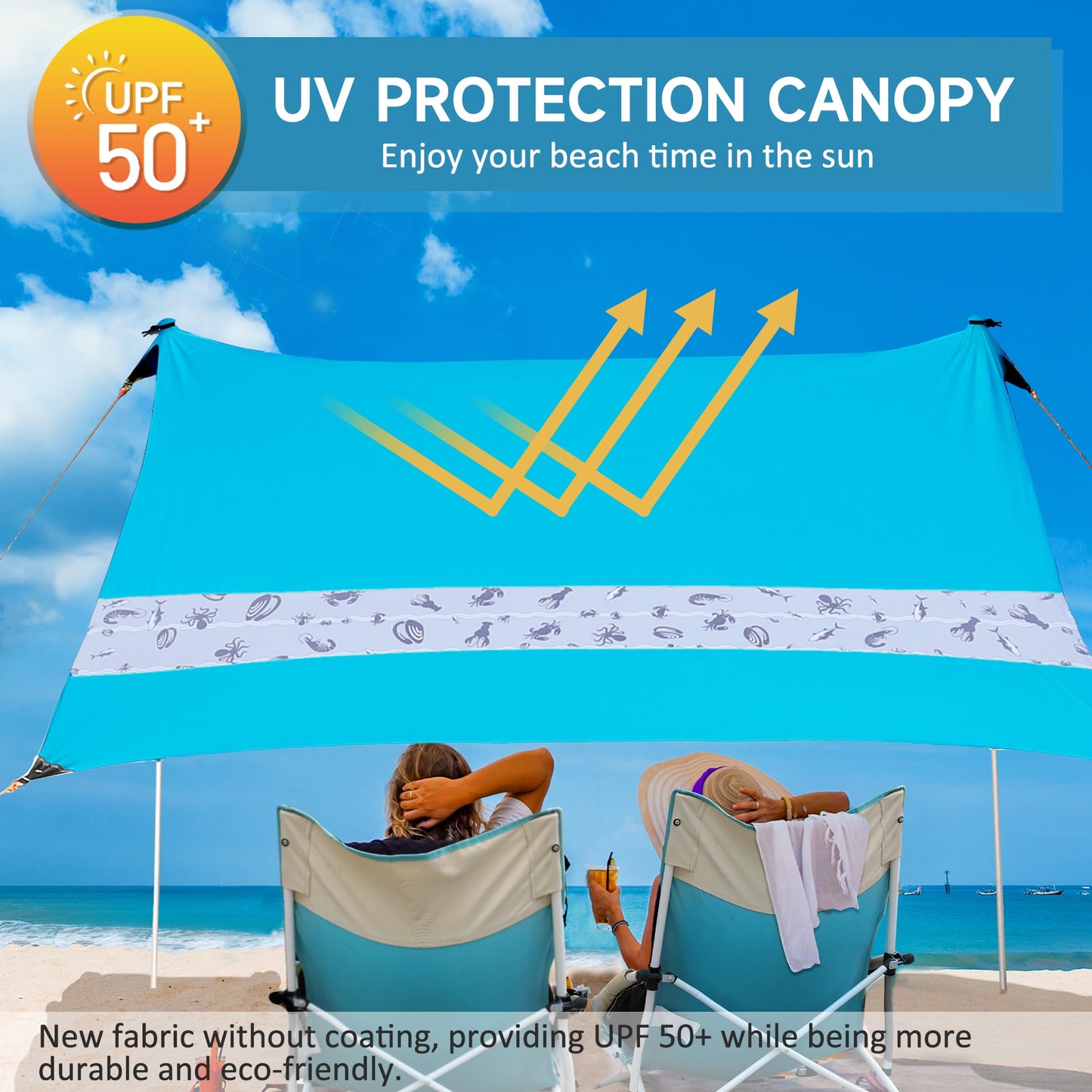 VILLEY sun tent 2m x 2.4m Blue, UPF50+ UV protection Lycra beach tent for 3 people, beach umbrella with sandbag and 2 support poles for picnic, fishing, sun protection.