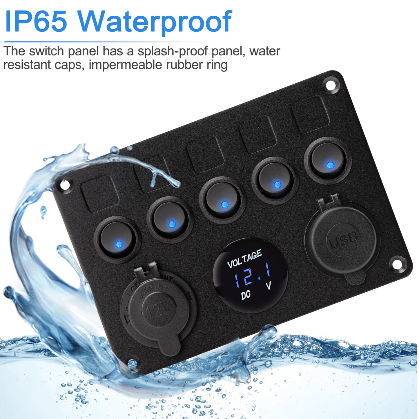 5-speed switch panel, 12V/24V toggle switch panel IP65 waterproof LED voltmeter dual USB socket charger for car boat marine RV truck camper vehicles (blue)