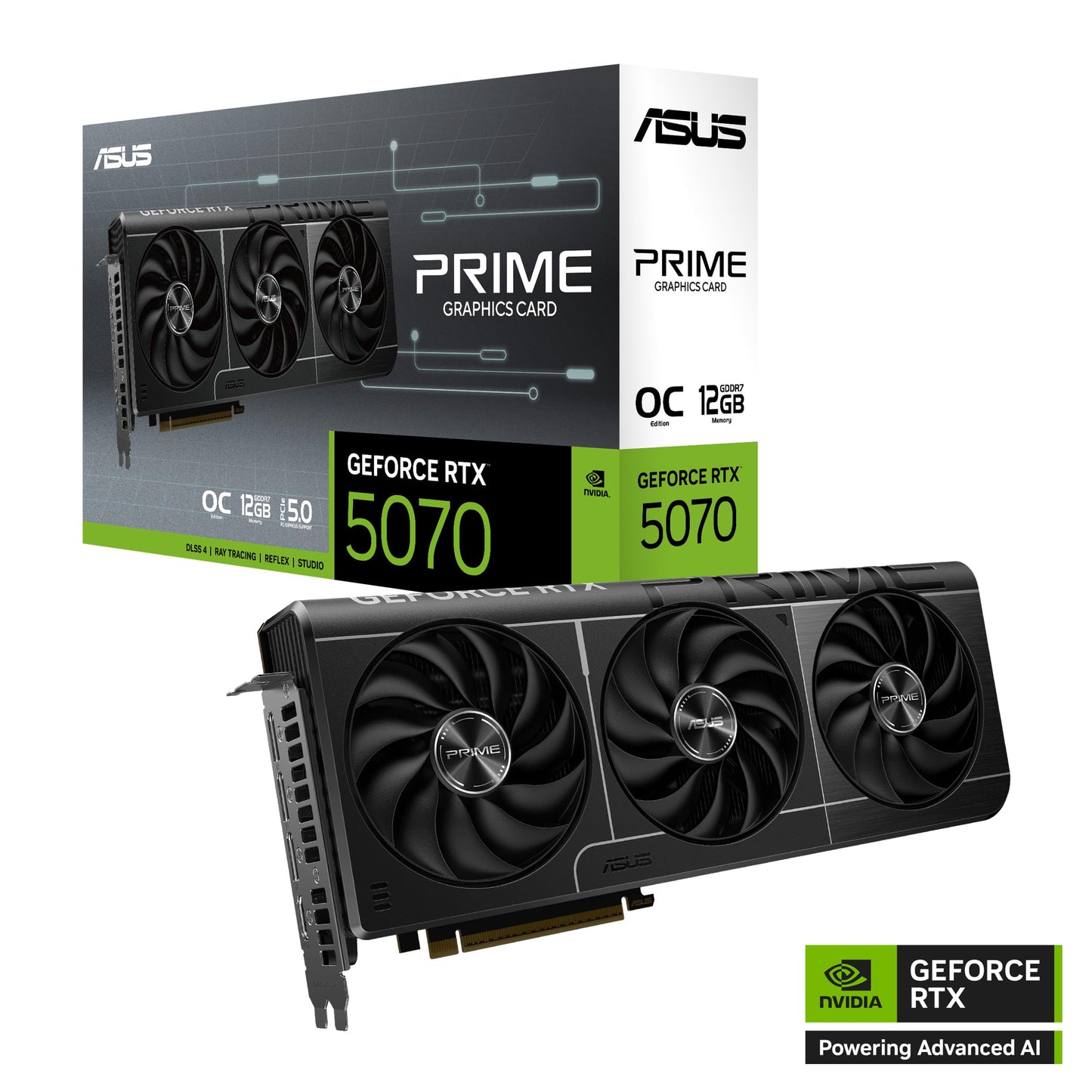 ASUS Prime GeForce RTX 5070 12GB GDDR7 OC Edition Gaming Graphics Card (NVIDIA Blackwell Architecture and DLSS 4, 2.5-Slot Design, SSF, PCIe 5.0, 3X DisplayPort 2.1b, 1x HDMI 2.1b, PRIME-RTX5070-O12G)